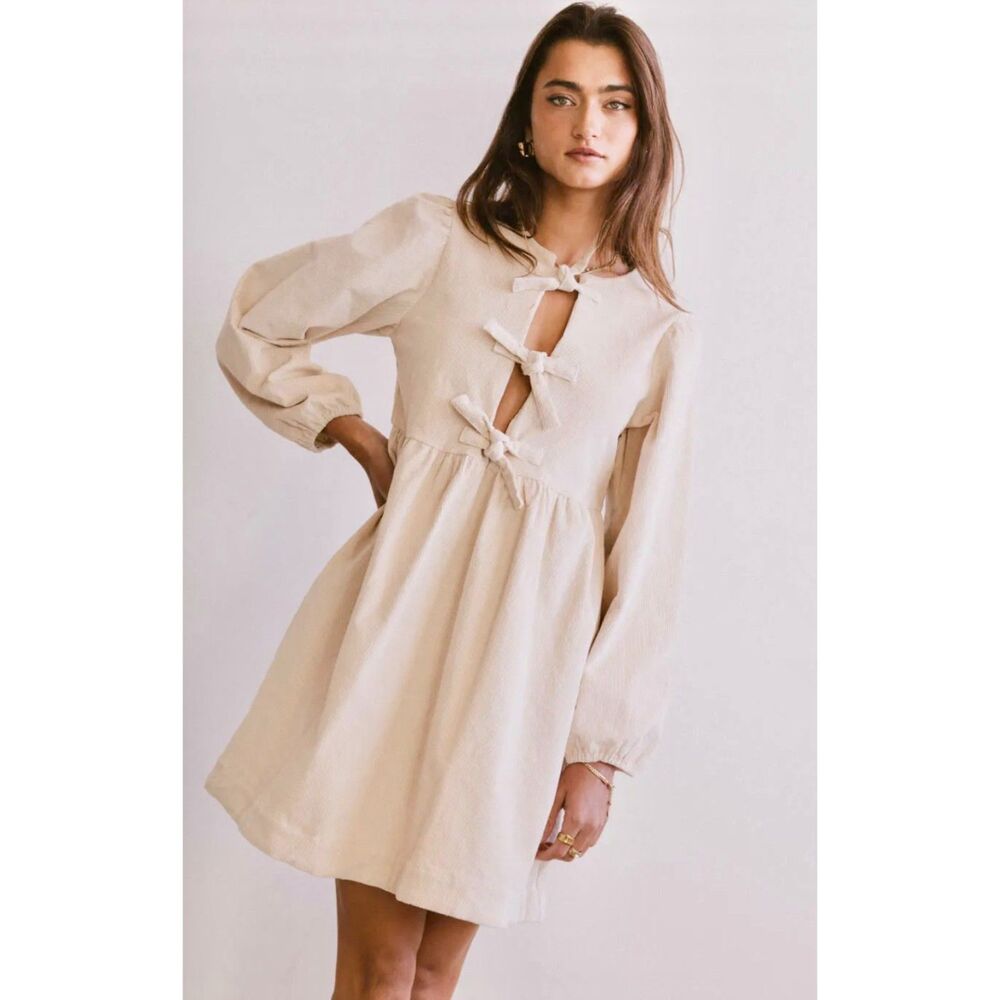 Bohme "Tyler" Ivory Corduroy Tie Front Preppy Schoolgirl Babydoll Dress S NWOT